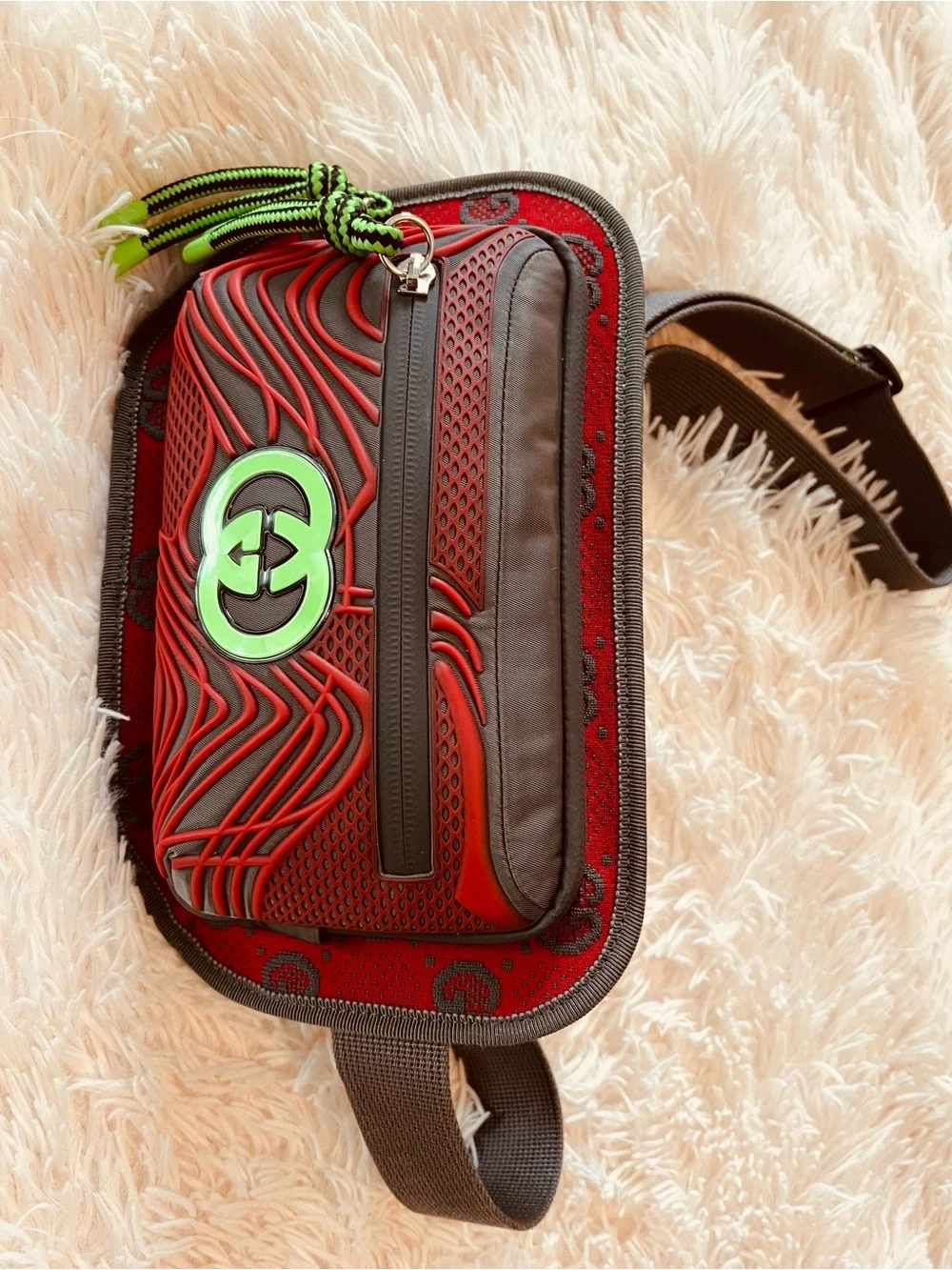 Red Leather Crossbody Belt Bag with Neon Green Accents
